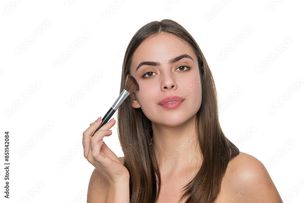 Beauty products. Young woman powder brush for makeup. Girl doing make up. Woman do makeup using cosmetic brush. Skincare cosmetic. Applying makeup on healthy skin. Makeup supplies shop Beauty products. Young woman powder brush for makeup. Girl doing make up. Woman do makeup using cosmetic brush. Skincare cosmetic. Applying makeup on healthy skin. Makeup supplies shop