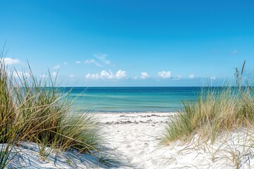 Deken met foto Kamperen Zomers strandduin met groen helmgras en zee  © Rayhanbp