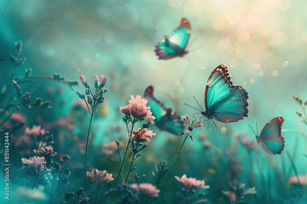 Beautiful teal butterflies flying over turquoise and pink flowers in the meadow, macro photography, fantasy, dreamy. Beautiful teal butterflies flying over turquoise and pink flowers in the meadow, macro photography, fantasy, dreamy.