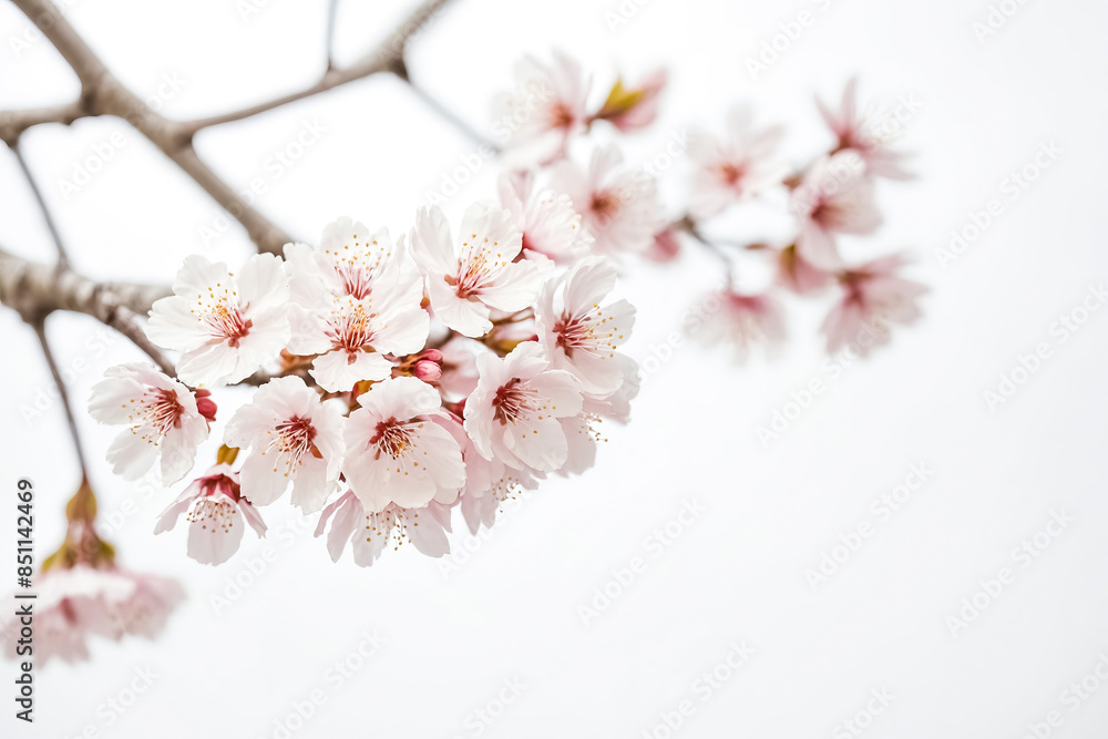 Delicate Pink Cherry Blossom Branch Against a White Background Delicate Pink Cherry Blossom Branch Against a White Background