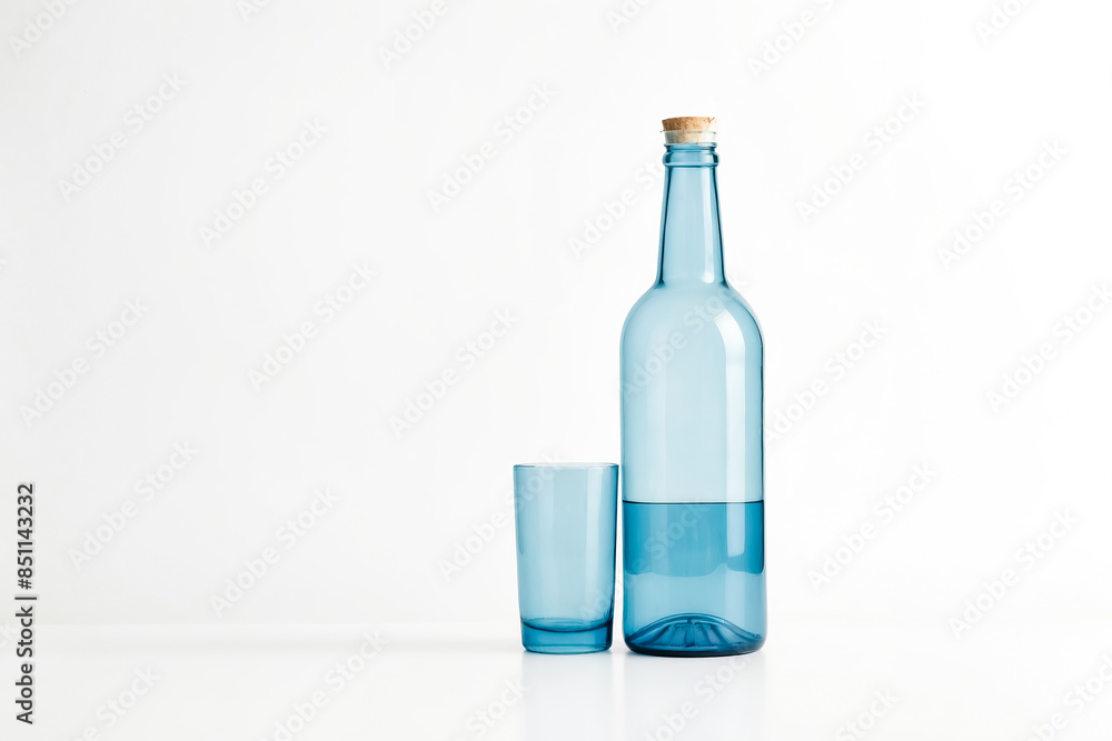 Blue glass bottle with cork stopper and a blue glass cup on a white background Blue glass bottle with cork stopper and a blue glass cup on a white background