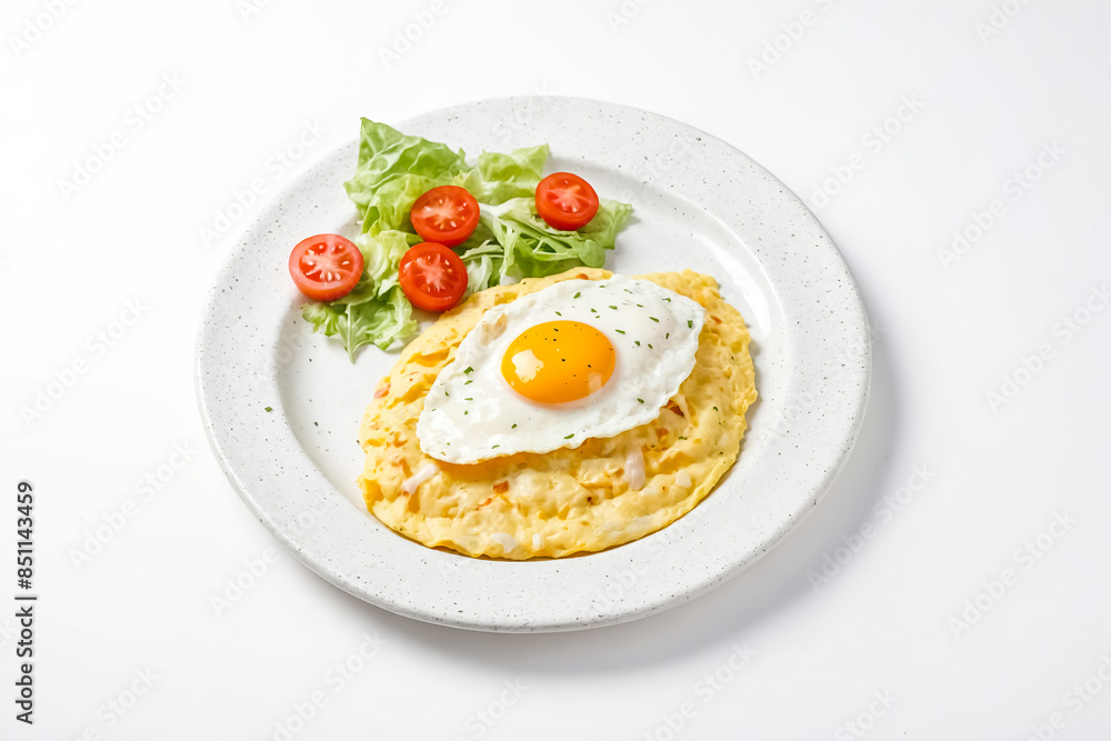 Fried Egg with Mashed Potatoes and Salad on White Plate Fried Egg with Mashed Potatoes and Salad on White Plate