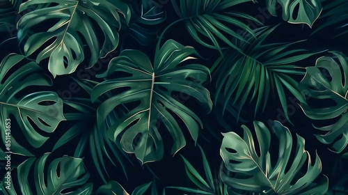 Wallpaper Mural Seamless hand drawn tropical vector pattern with monstera palm leaves on dark background which is very beautiful and amazing Torontodigital.ca