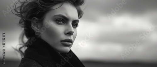 B&W scandinavian art house movie stil. A woman deep in thought, expression full of meaning and conflicted emotion. In the style of a panoramic movie still. Portrait of the main character, protagonist.