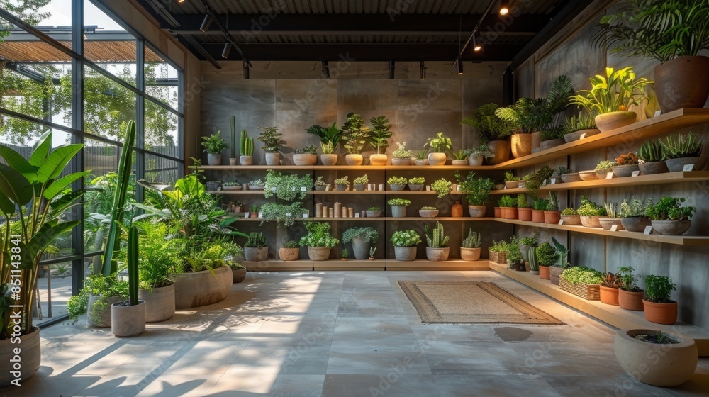 Fototapeta premium A modern plant shop with green plants on shelves.