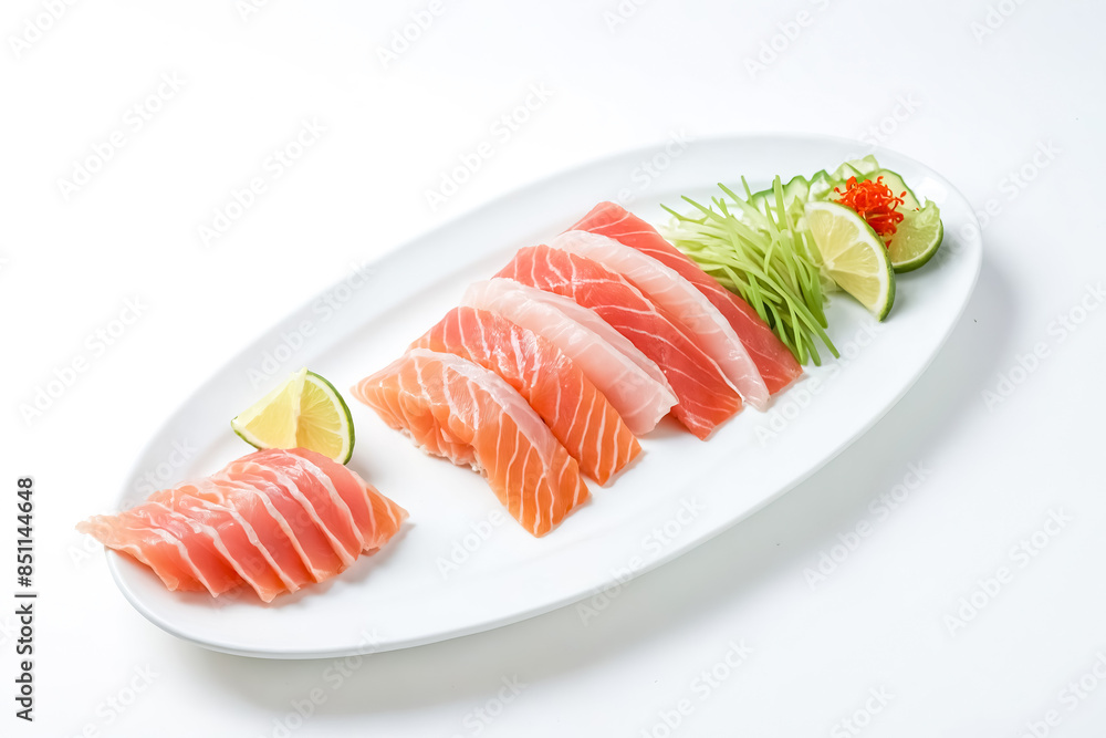 Salmon Sashimi on White Plate with Lime and Cucumber Salmon Sashimi on White Plate with Lime and Cucumber