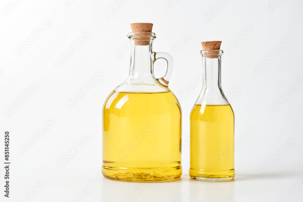 Two glass bottles of oil with cork stoppers on a white background Two glass bottles of oil with cork stoppers on a white background