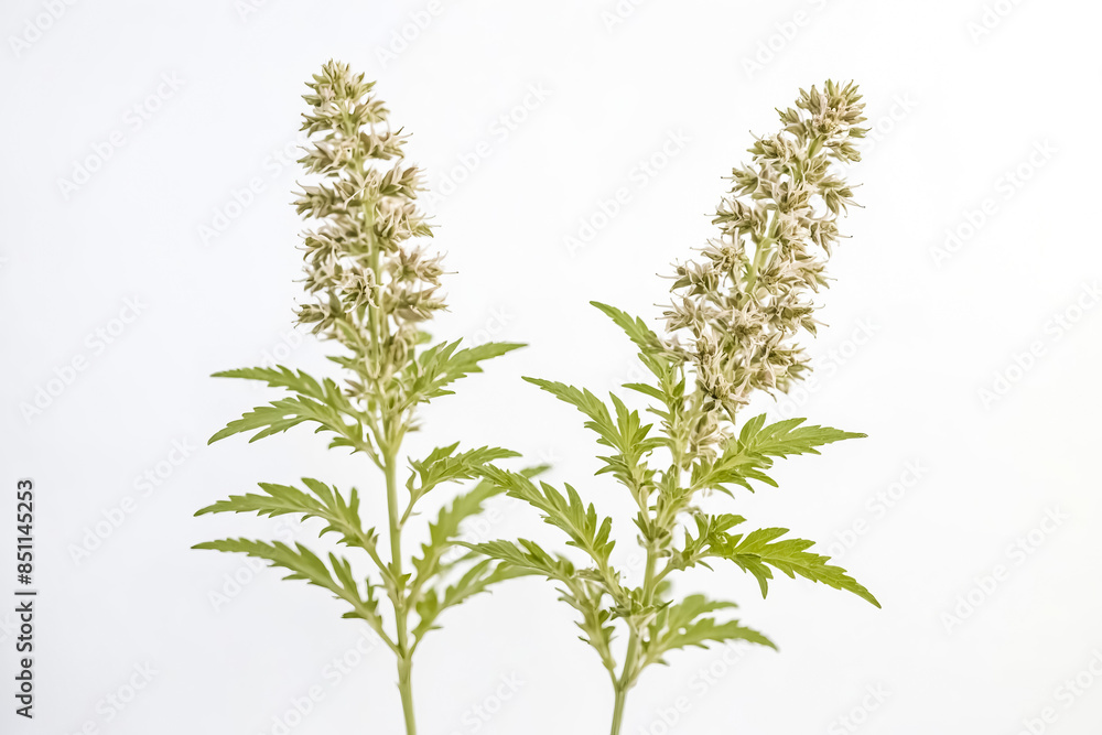 Close Up of Mugwort Plant with White Flowers and Green Leaves Close Up of Mugwort Plant with White Flowers and Green Leaves