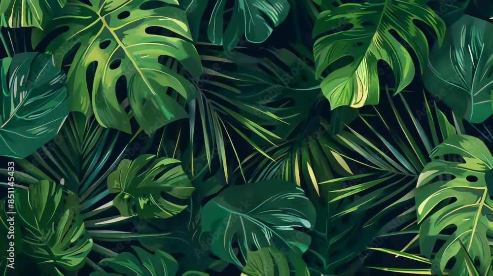 Abstract foliage and botanical background. Green tropical forest wallpaper of monstera leaves, palm leaves, branches in hand drawn pattern. Exotic plants background for banners, prints, decor, wall ar Abstract foliage and botanical background. Green tropical forest wallpaper of monstera leaves, palm leaves, branches in hand drawn pattern. Exotic plants background for banners, prints, decor, wall ar