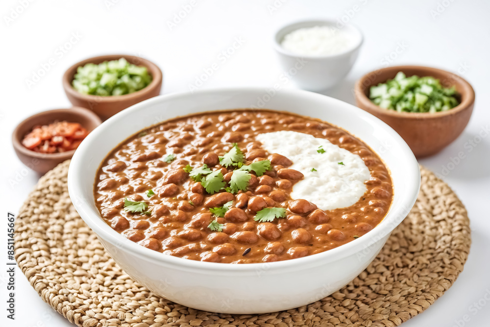 White Bowl of Chickpea Curry with Yogurt and Garnish White Bowl of Chickpea Curry with Yogurt and Garnish