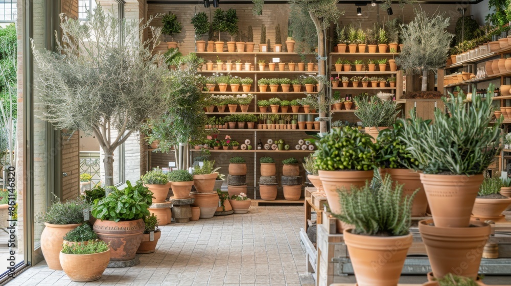 Fototapeta premium A display of potted plants in a greenhouse with various sizes and species. The shelves are full of different plants in terracotta pots, and a variety of plants are also displayed on the floor.