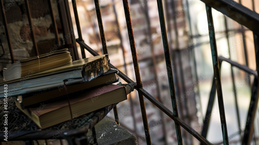Fire escape with scattered books, close-up, bright natural light, worn metal, relaxed setting, urban reading nook. Fire escape with scattered books, close-up, bright natural light, worn metal, relaxed setting, urban reading nook.