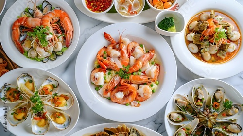 Assorted Seafood Cuisine Dishes on Transparent Plates Set