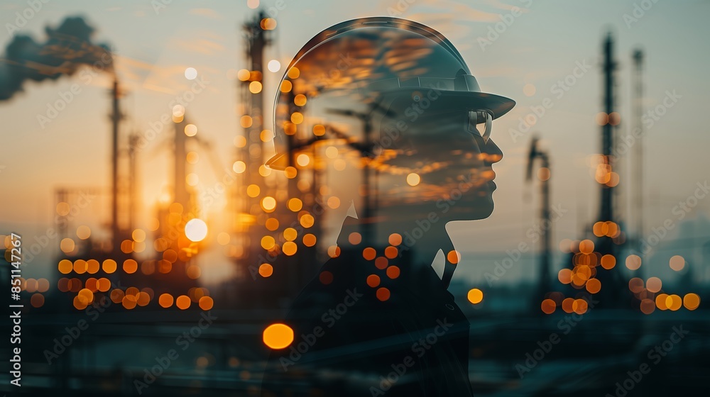Double Exposure: Engineer in Safety Helmet with Oil Plant Background Double Exposure: Engineer in Safety Helmet with Oil Plant Background