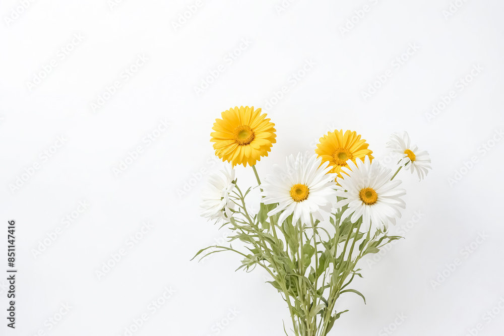 Yellow and White Daisies on White Background