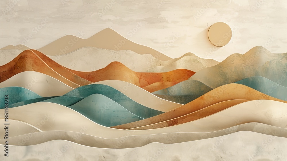 3D mural of hills in a landscape, simple shapes and lines, muted colors of brown, teal, orange, and cream, light background 3D mural of hills in a landscape, simple shapes and lines, muted colors of brown, teal, orange, and cream, light background