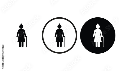 Old Women icon black outline for web site design 
and mobile dark mode apps 
Vector illustration on a white background