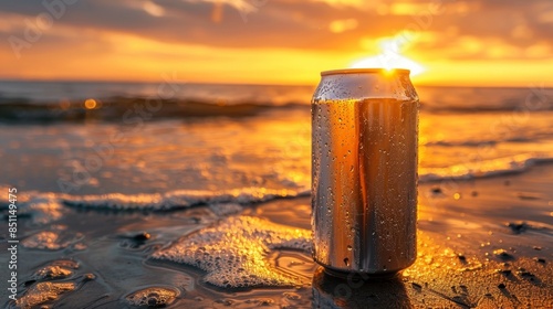 Aluminum can of beer on a beach, golden sunset hues reflecting off the can, refreshing and cool beverage