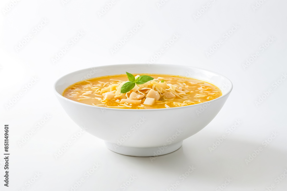 Close-up of a bowl of creamy soup with noodles, cheese, and basil Close-up of a bowl of creamy soup with noodles, cheese, and basil