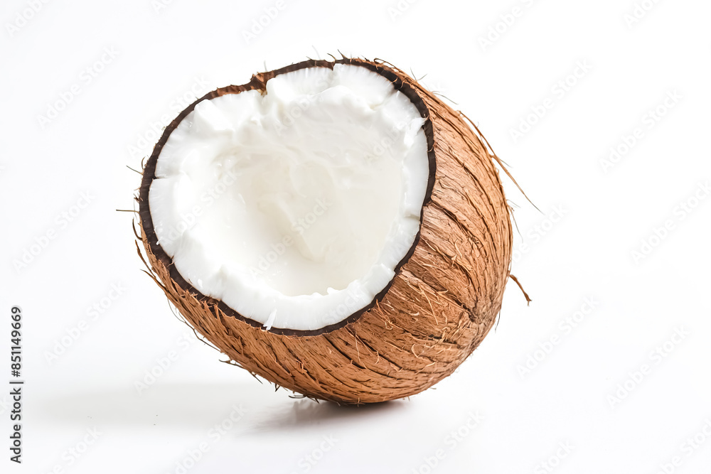 Half Coconut with White Pulp and Brown Shell on White Background Half Coconut with White Pulp and Brown Shell on White Background
