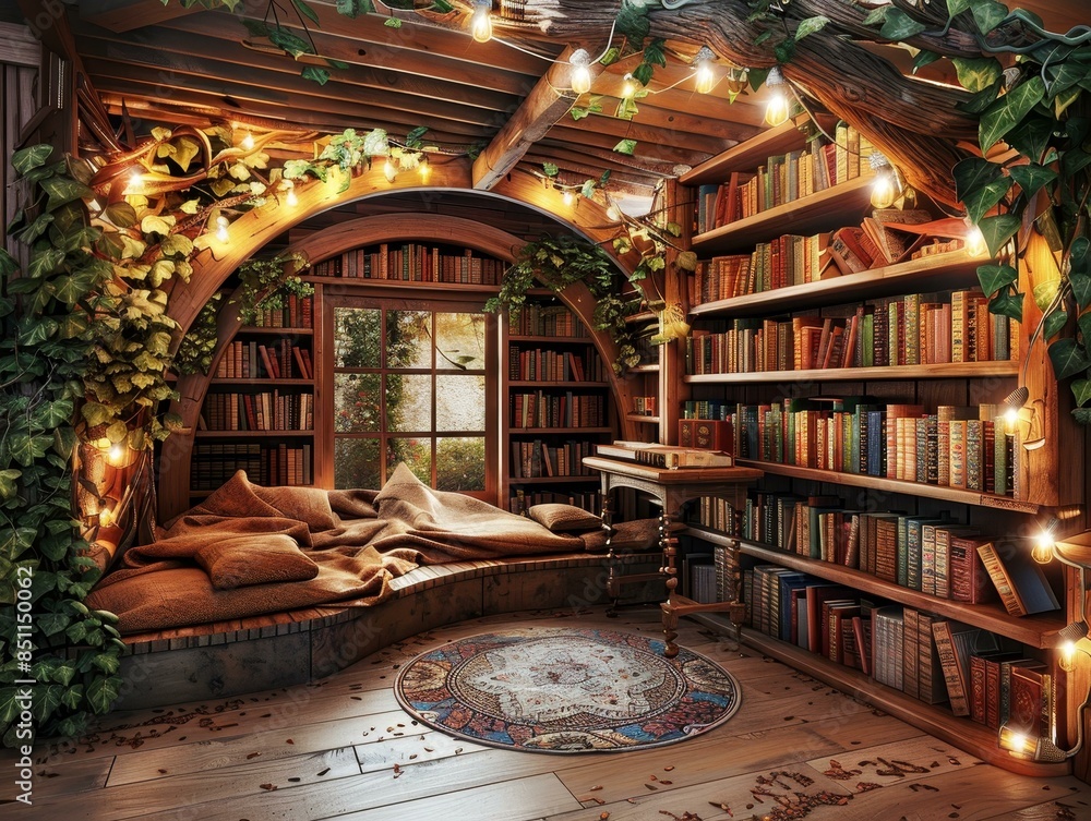 Obraz premium A cozy bookstore interior with wooden shelves filled with books, a curved wooden ceiling, a comfy seating area with blankets, and warm lighting. 