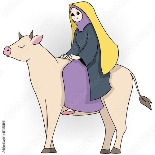 Muslim girl celebrating Eid al Adha riding a cow to be donated
