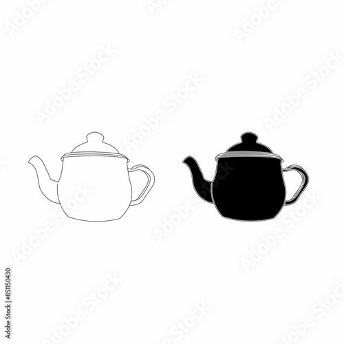 two teapots in black and white with smooth vector lines in a classic shape