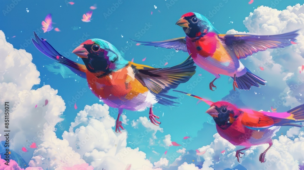 Three Colorful Birds Soaring Through Dreamy Sky