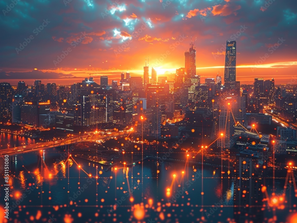 Fototapeta premium City skyline with up-down line graph.