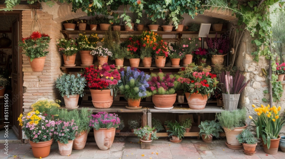 Fototapeta premium A colorful display of flowers in terracotta pots sits outside a flower shop. The flowers are arranged on wooden shelves against a brick wall.