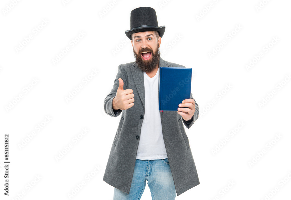 Education concept. Knowledge of educated man. University teacher. Teacher presenting book. Man teacher study educational book. Teachers day. Back to school. Showing book and thumb up Education concept. Knowledge of educated man. University teacher. Teacher presenting book. Man teacher study educational book. Teachers day. Back to school. Showing book and thumb up
