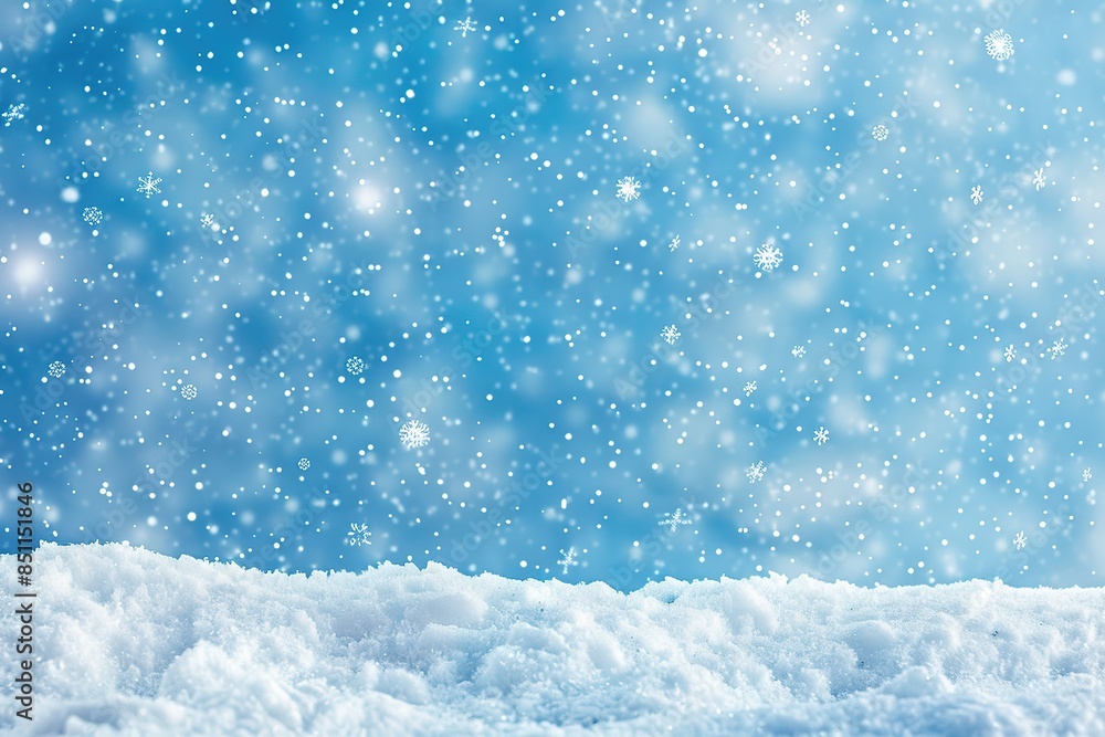 A blue background with snow falling, creating an atmosphere of cold weather and serene beauty. The snowflakes A blue background with snow falling, creating an atmosphere of cold weather and serene beauty. The snowflakes