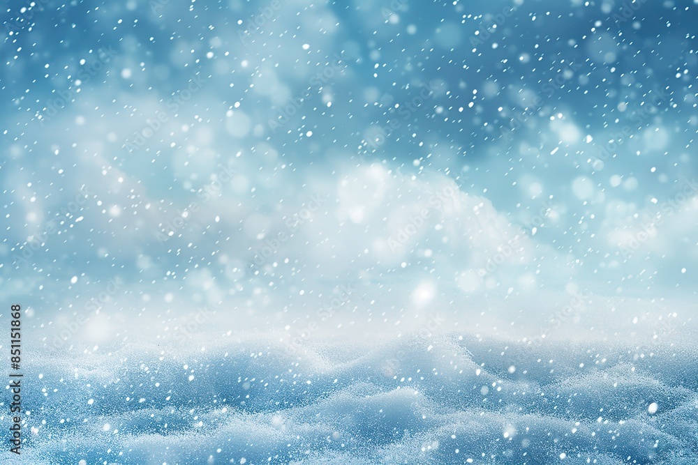 Obraz premium A blue background with snow falling, creating an atmosphere of cold weather and serene beauty. The snowflakes 