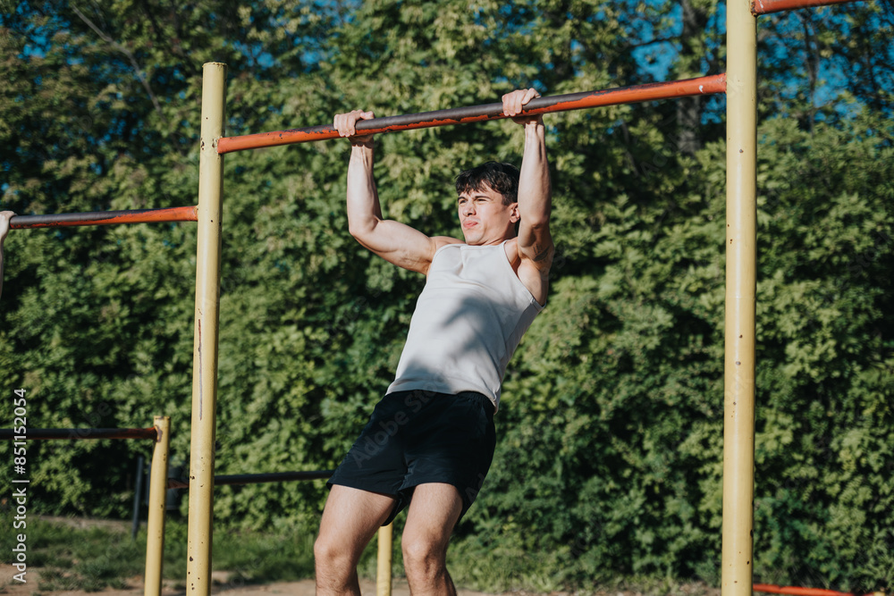 Young man in athletic wear working out by doing pull-ups on bars at an outdoor gym in a lush green park. Young man in athletic wear working out by doing pull-ups on bars at an outdoor gym in a lush green park.