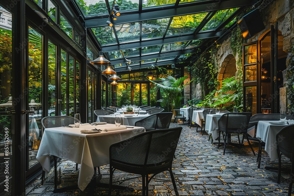 Naklejka premium A classic French restaurant in the heart of Paris, located on an open-air terrace with large glass walls
