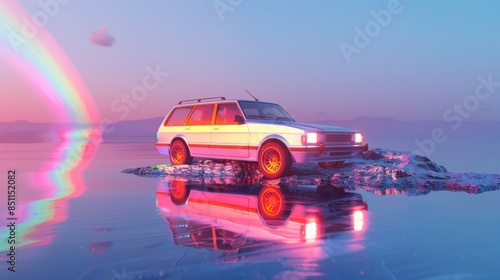Retro Car on a Rock by the Sea at Sunset