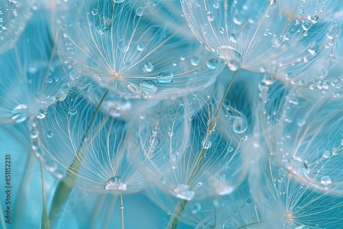 A closeup of delicate dandelion seeds with dewdrops, set against an abstract background photo