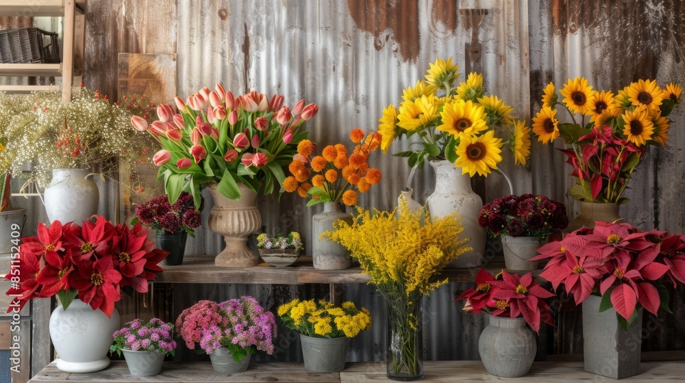 Colorful flowers arranged on wooden shelf against weathered metal wall create warm ambiance. Colorful flowers arranged on wooden shelf against weathered metal wall create warm ambiance.