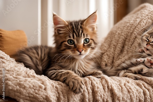 Close enjoying up owner s lap cute kitten little upside lying cat knee pet adorable animal baby background beautiful brown closeup comfort comfortable cozy domestic eye felino fluffy funny fur furry