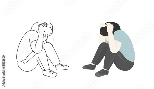 Boy sit on the floor and hands on head in mental health concept, outline and flat vector illustration.