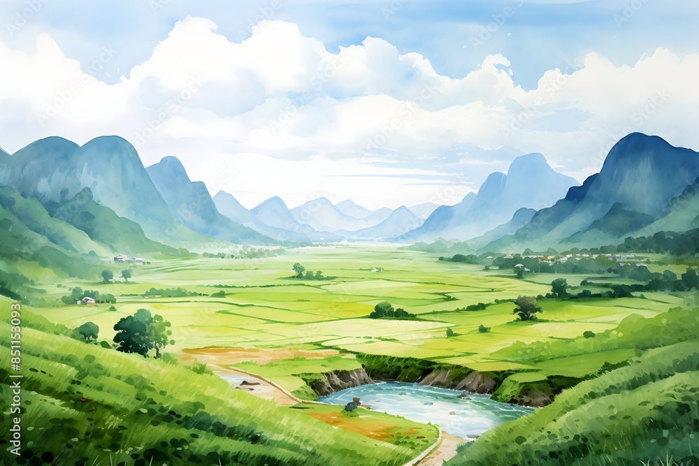 Obraz premium Watercolor peaceful landscape with a river flowing through green rice fields surrounded by mountains background