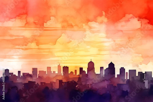 Vibrant watercolor painting of a city skyline at sunset with vivid orange and yellow hues background