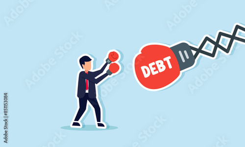Debt management, fight with debt for financial freedom, concept of A professional businessman, in boxing gloves, fights a creditor's huge Debt glove