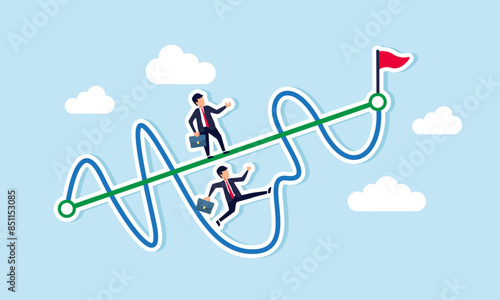 Choose an easy shortcut to business success or face a hard path with obstacles, concept of Businessmen compete: one smart guy runs an easy path, others on a hard, messy route