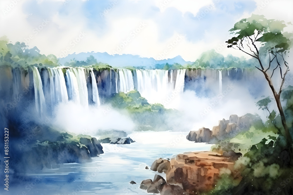 Naklejka premium Watercolor painting of a majestic waterfall cascading down a river illustration background