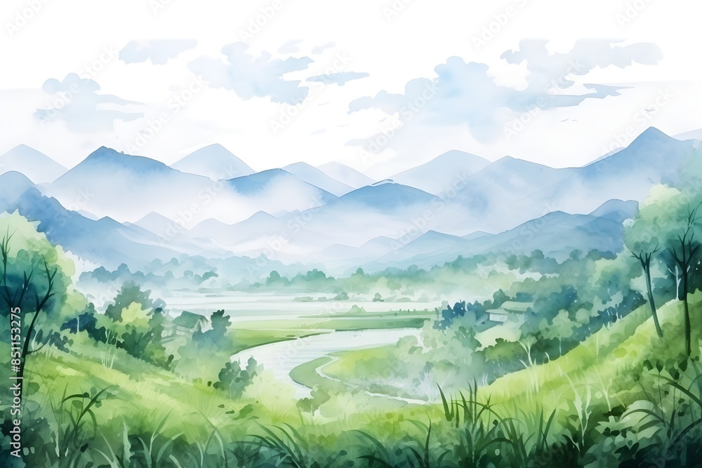 Watercolor countryside painting of a peaceful village nestled amidst lush green rice fields and a meandering river, with majestic mountains in the background Watercolor countryside painting of a peaceful village nestled amidst lush green rice fields and a meandering river, with majestic mountains in the background