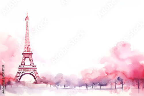 Watercolor romantic painting of the Eiffel tower in a pastel pink color on white background