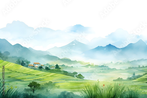 Watercolor rural painting with green rice terraces and a small village with mountains rising in the background © Your Background