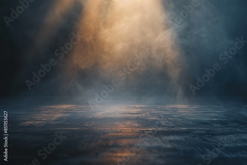 Abstract blurred background with beautiful light rays and fog in the dark room, empty space for product presentation Free Space for text --ar 3:2 Job ID: f98389ec-9955-4022-9b84-16221dcd8dc2