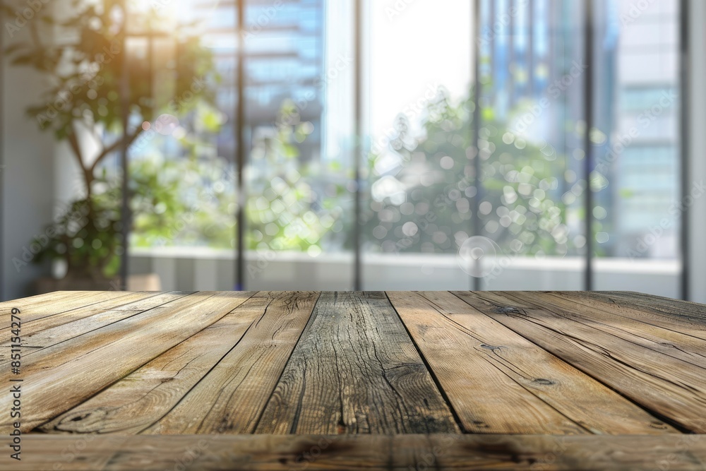 Wood table top on with blur glass window wall background - generative ai Wood table top on with blur glass window wall background - generative ai